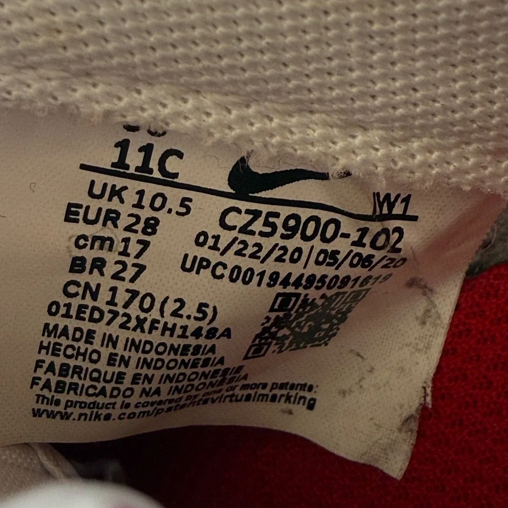 Nike Air Force 1 Low Sneakers Kids Size 11C White Red CZ5900-102